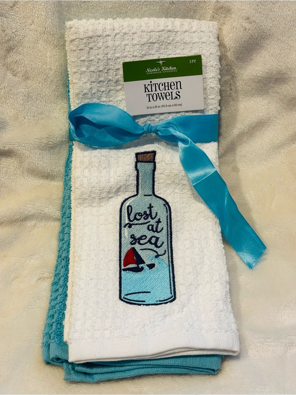 Nicole’s Kitchen Towels Waffle Texture Embroidered Lost At Sea Bottle White Blue